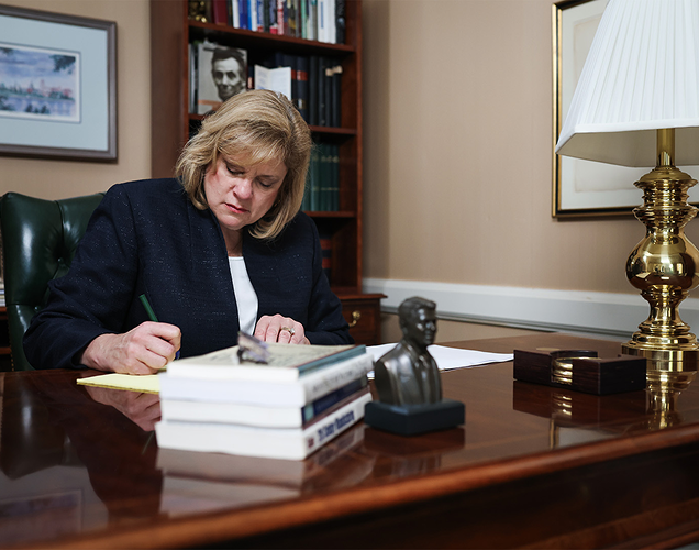 State Senator Tracy Pennycuick working at her desk